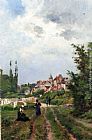 Henri-Joseph Harpignies Washer Women_On A Sandy Track With A Village Beyond painting